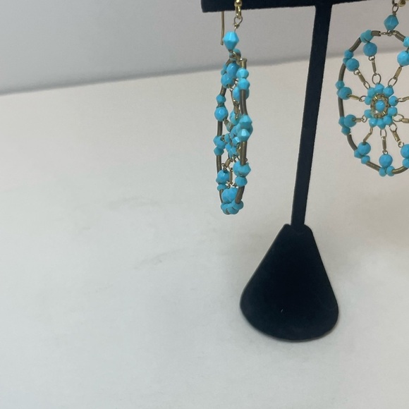 Round Pendant Dreamcatcher Earrings Turquoise And Gold Tone - Picture 4 of 7